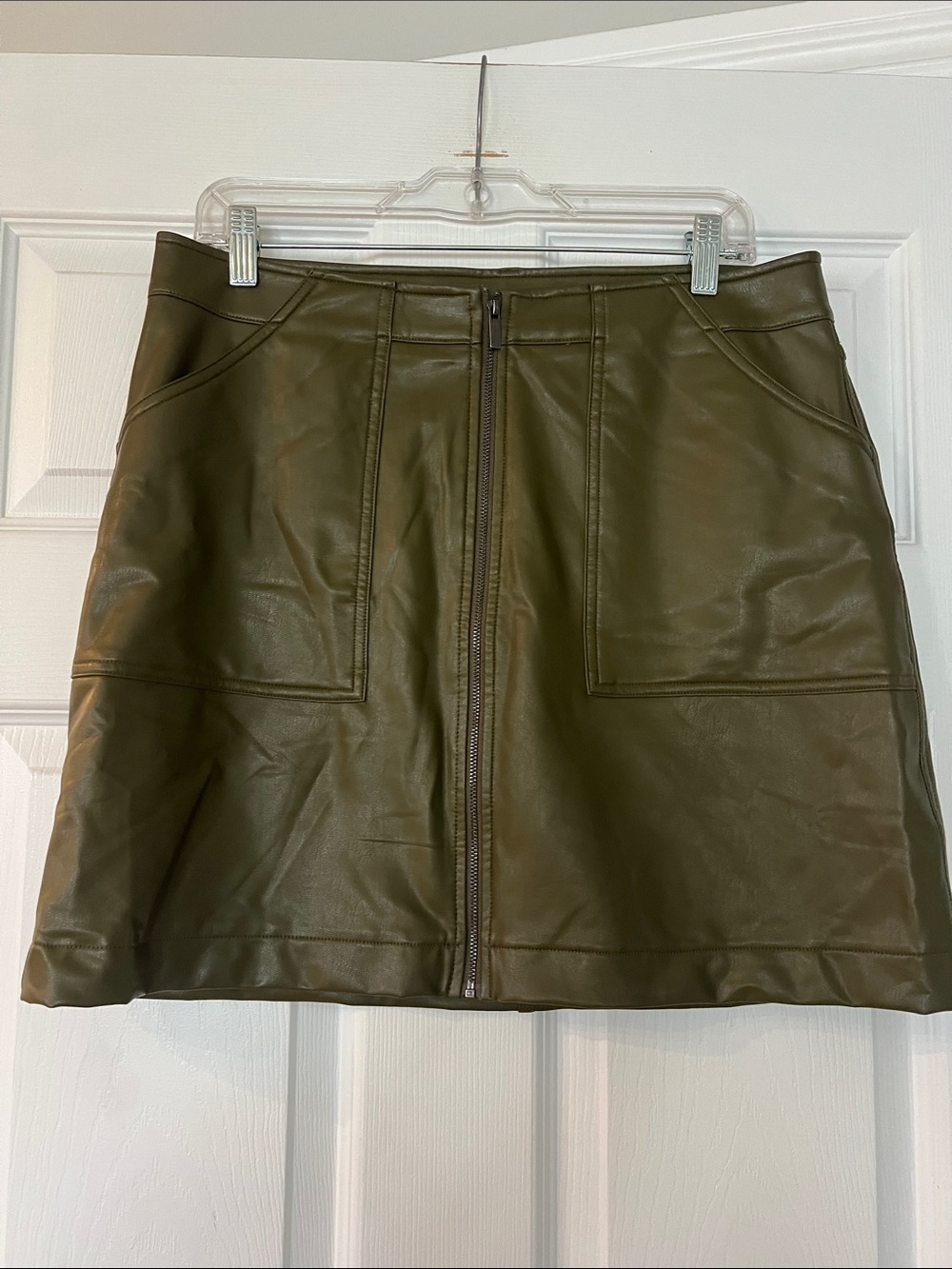 cleo Olive Faux Leather A-Line Skirt with Front Zip